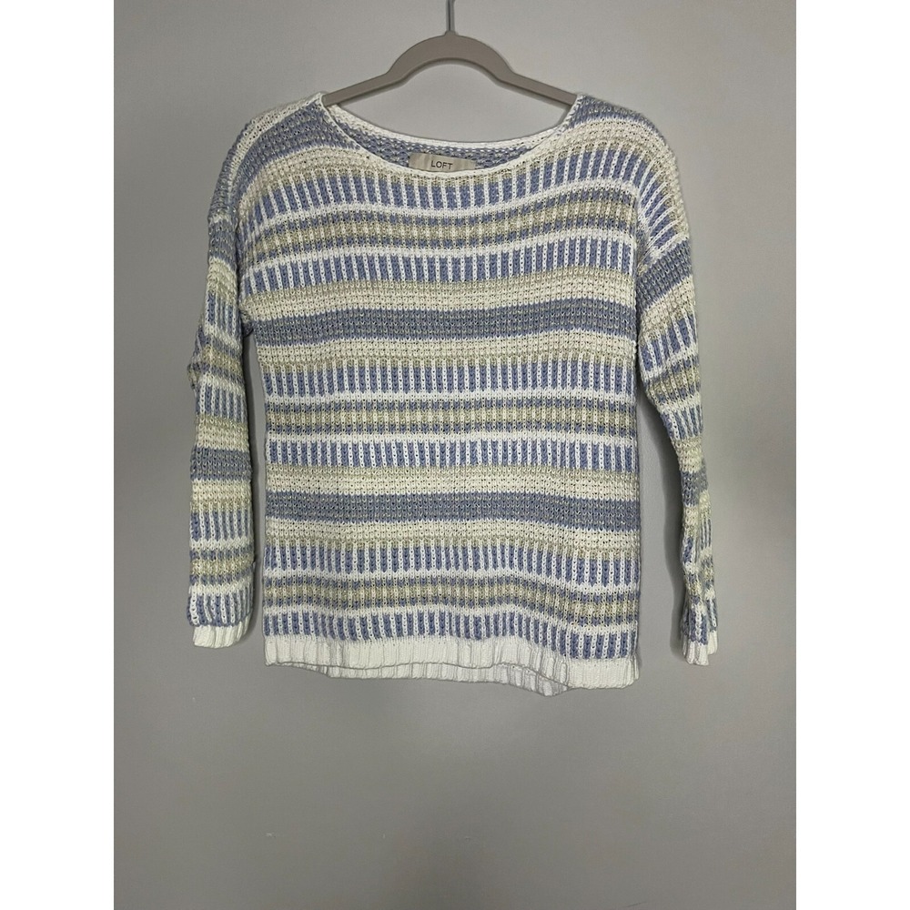Ann Taylor Loft Blue White Crew Neck Striped Knitted Sweater Women's Size Small